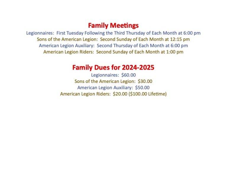 Meeting Times and Dues Winter Haven American Legion Post 8