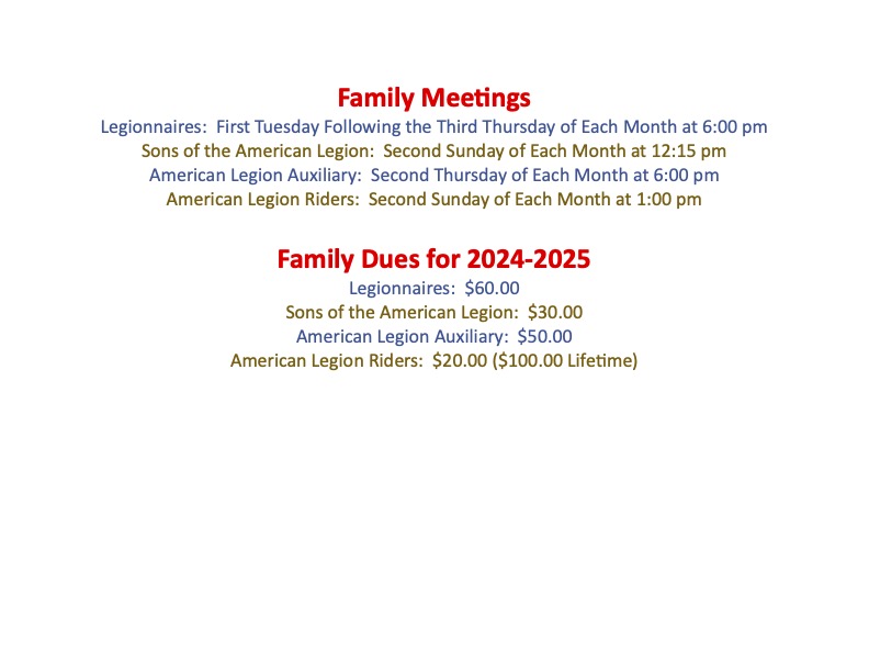 Meeting Times and Dues Winter Haven American Legion Post 8